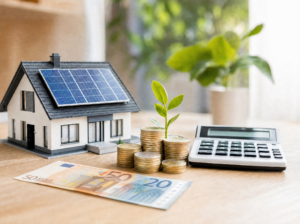 Hausmodell mit Solar, Euro-Muenzen, realistischer Geldschein und Taschenrechner, Foerderung und Sparen