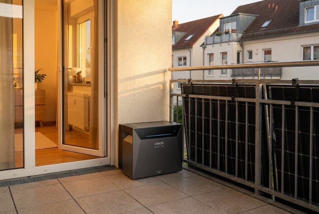 Balkonkraftwerk-Speicher nachrüsten: Speicher auf einem deutschen Balkon mit Solarmodulen am Geländer