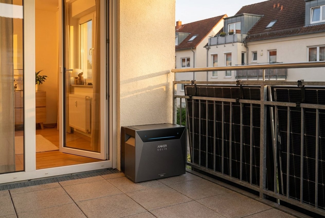 Balkonkraftwerk-Speicher nachrüsten: Speicher auf einem deutschen Balkon mit Solarmodulen am Geländer