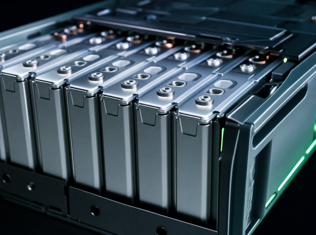 Nahaufnahme prismatischer LiFePO4-Batteriezellen eines Speichermoduls