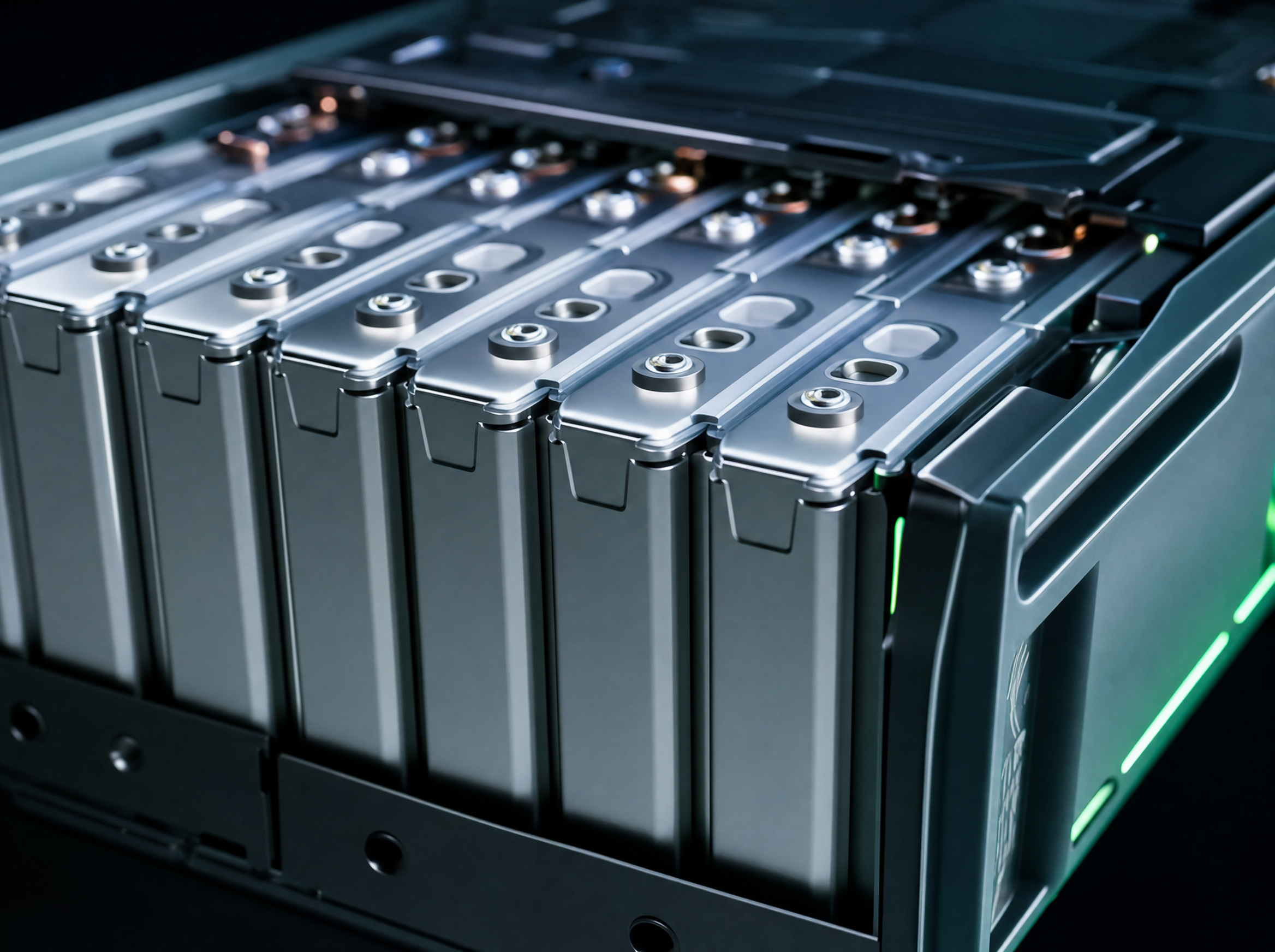 Nahaufnahme prismatischer LiFePO4-Batteriezellen eines Speichermoduls