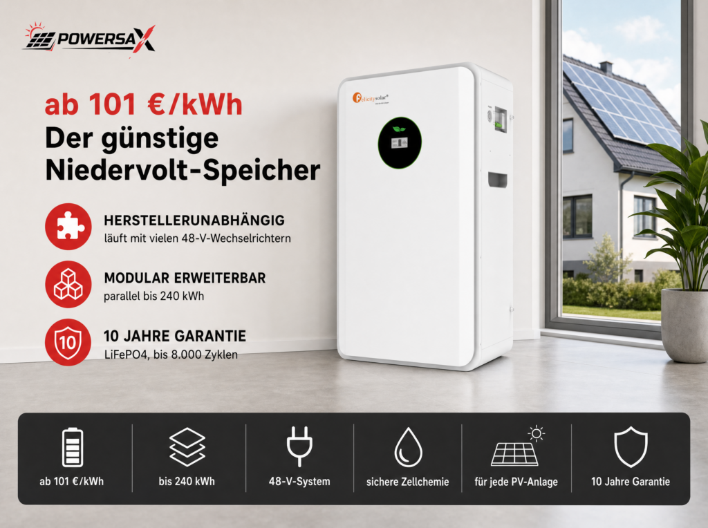 Niedervolt-Speicher von Felicity mit Vorteilen: ab 101 Euro pro kWh, herstellerunabhaengig, modular, 10 Jahre Garantie