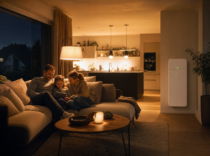 Familie im warm beleuchteten Wohnzimmer bei Stromausfall, Speicher liefert Notstrom